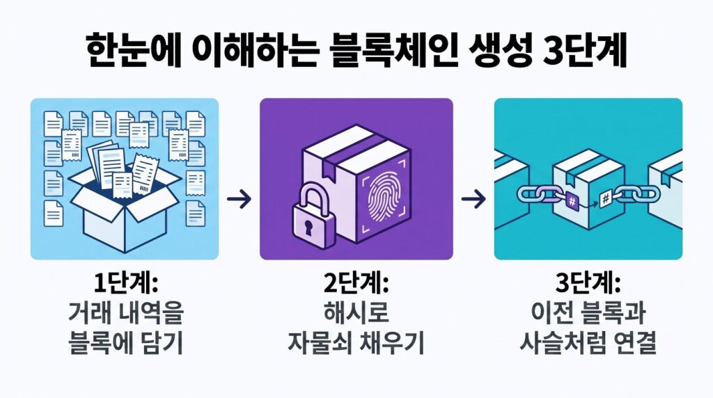 블록체인 원리 - 블록 생성부터 체인 연결까지 3단계 구조도