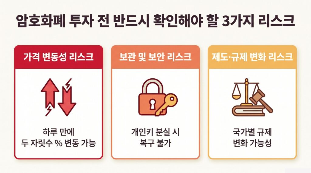 가격 변동성, 보안, 규제 변화 등 암호화폐 투자 3가지 리스크를 카드 형태로 정리한 인포그래픽