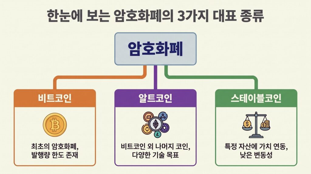 비트코인, 알트코인, 스테이블코인 3가지 암호화폐 종류를 트리 구조로 나타낸 인포그래픽