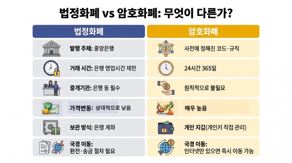 법정화폐와 암호화폐를 발행 주체, 거래 시간, 보관 방식 등 6가지 항목으로 비교한 인포그래픽