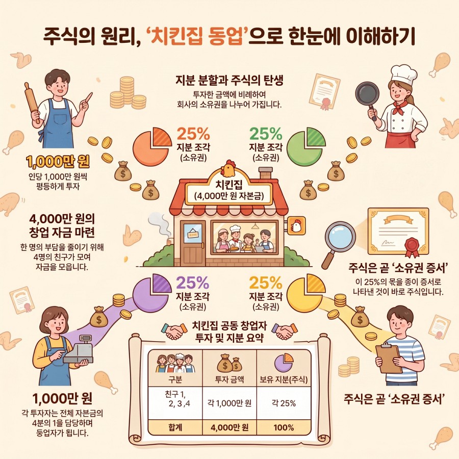 치킨집 동업 비유로 설명하는 주식이란 개념 인포그래픽 - 4명이 1,000만원씩 투자해 25%씩 지분을 나누는 구조도