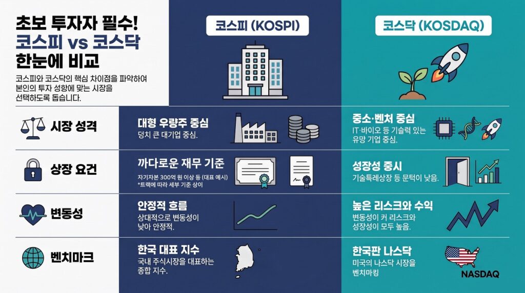 코스피 코스닥 차이 비교표 - 시장성격, 상장요건, 변동성, 벤치마크 항목별 정리