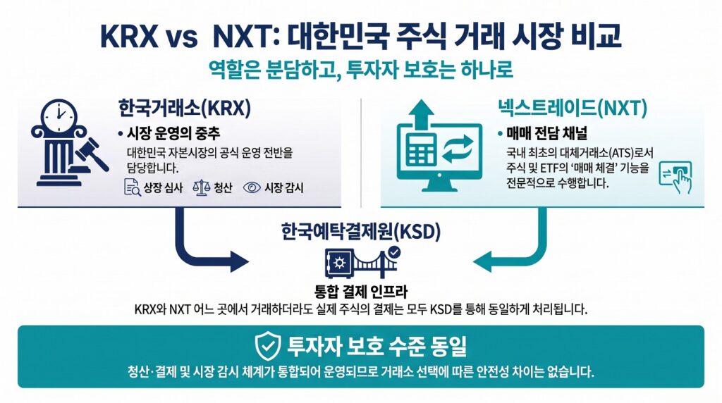 한국거래소 KRX와 넥스트레이드 NXT 역할 비교 - 상장심사 청산 시장감시 매매체결 구조도